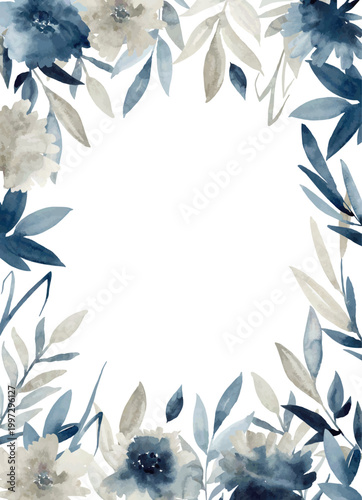 Floral indigo illustration. Vector watercolor botanic frame for wedding or greeting card.