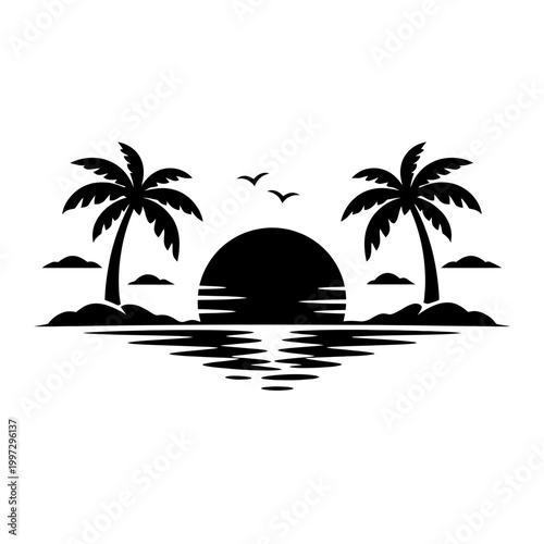 Tropical island sunset with palm trees and birds flying over water silhouette