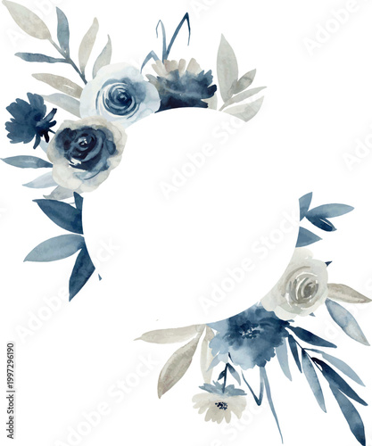 Floral indigo illustration. Vector watercolor botanic frame for wedding or greeting card.