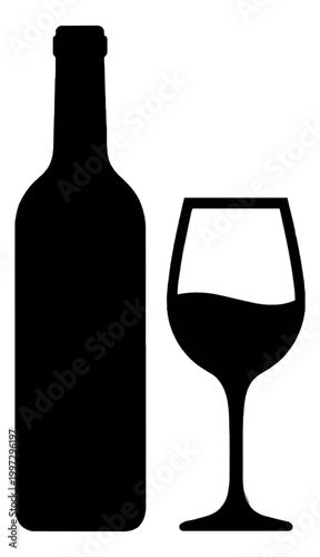 Wine Bottle and Glass Vector Icon for Dining