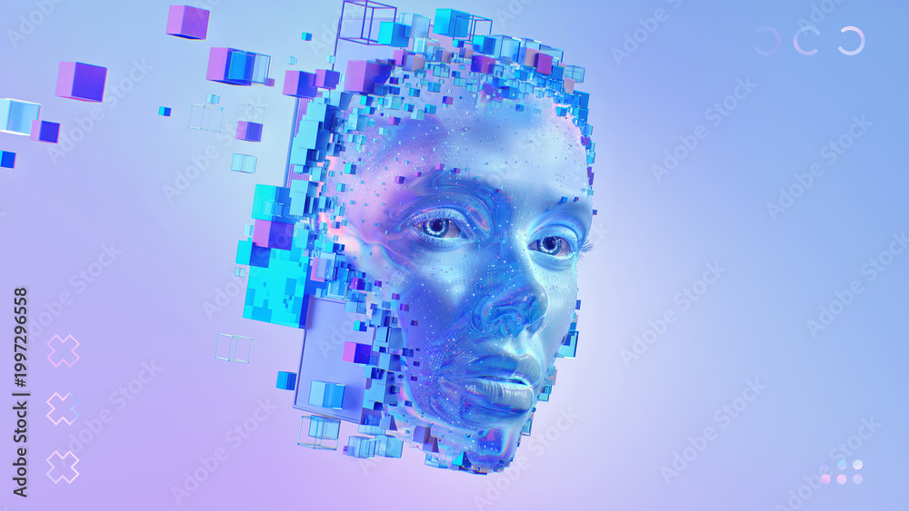 Obraz premium Futuristic digital human face with pixel blocks on pastel gradient background. Concept of technology and artificial intelligence visualization. 3d illustration