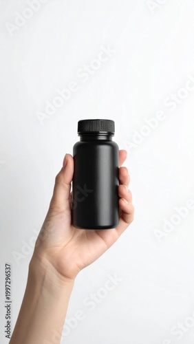 Hand holding blank black pill bottle for medicine or supplements, mockup for health branding, pharmaceutical product packaging, wellness industry