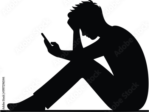 Silhouette of a man sitting and looking at his smartphone representing technology addiction or loneliness isolated on white background