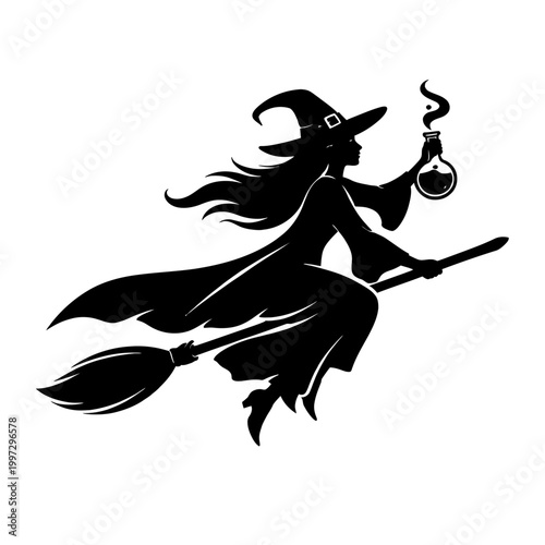 Black silhouette of a witch flying on a broomstick with a potion bottle in her hand on white background