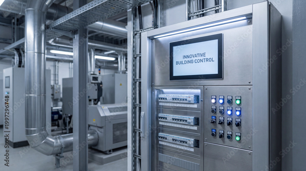 Fototapeta premium Sleek Building Automation Electrical Cabinet Featuring Modern Metal Housing Precision Controls And Streamlined Industrial Design