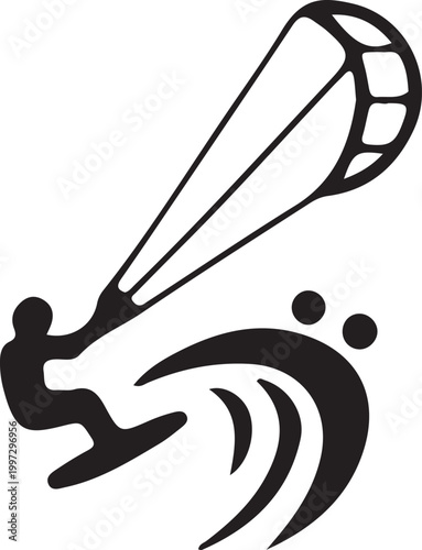 Kite surfing on sea beach black line icon. Flat vector illustration