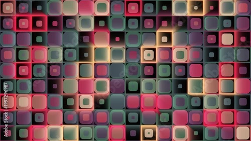 Abstract grid of glowing rounded squares with flickering neon lights in red and orange. Dynamic geometric mosaic background, perfect for retro futuristic visuals