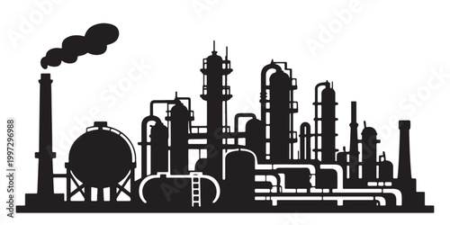 Industrial oil refinery silhouette vector, chemical plant factory with pipes and storage tanks, black manufacturing facility skyline on white background
