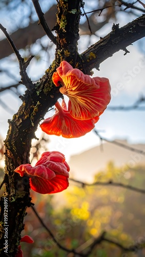 Pink mushrooms on tree