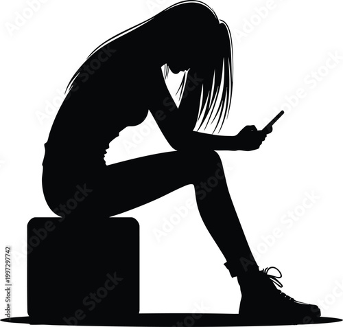 Silhouette of a sad girl looking at her phone representing loneliness and social media addiction isolated on white background