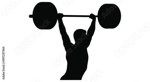 A powerful weightlifter raises a barbell overhead in a striking silhouette