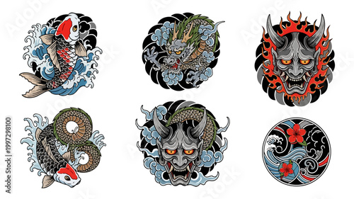 Japanese art collection koi fish dragon demon mask designs on black