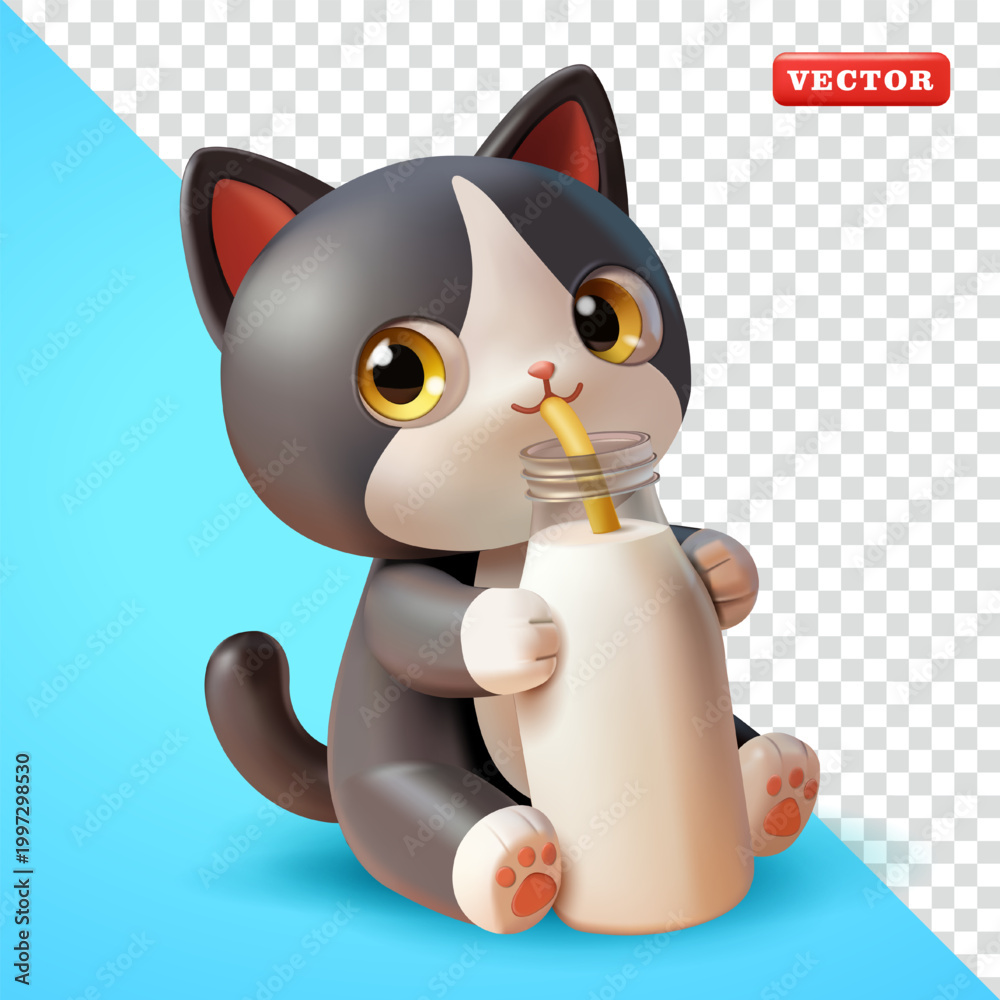 Fototapeta premium Cute kitten drinking a bottle of milk, 3D vector. Perfect for design elements
