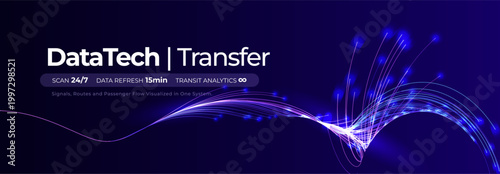 Data Transmission Stream, Neon Wavy Lines, Digital Information Transfer Visual for Scientific Research, Biotech Medtech Innovate, Information Communication AI Technology. Vector Illustration