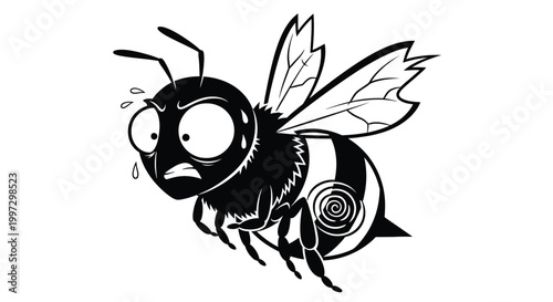 Photos Cartoon bee with sad expression flying.