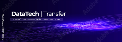 Data Transmission Stream, Neon Wavy Lines, Digital Information Transfer Visual for Scientific Research, Biotech Medtech Innovate, Information Communication AI Technology. Vector Illustration