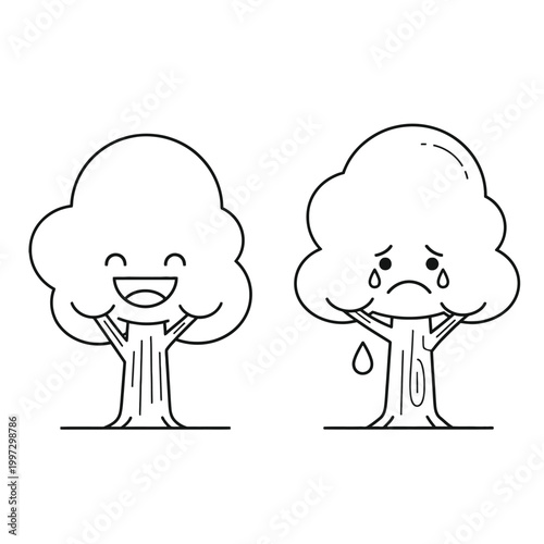 Cartoon trees with human expressions happy sad.