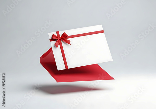 Floating gift card with red ribbon and envelope modern voucher design