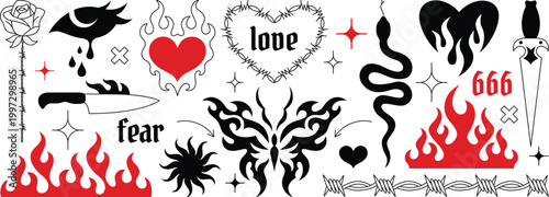 Acid gothic tattoo collection with crying eye and liquid flames vector