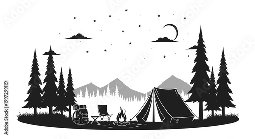A peaceful camping scene under a starry night sky with a distinct silhouette