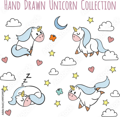 Cute hand drawn unicorn collection with stars clouds and heart elements vector