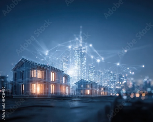 Proptech concept: modern homes, city skyline