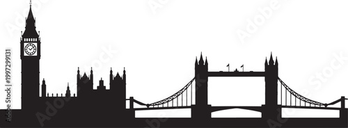 London skyline silhouette features the iconic Big Ben clock tower and the historic Tower Bridge.