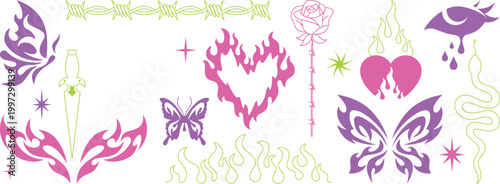 Cyber y2k aesthetic tattoo bundle with heart butterfly and flame elements vector