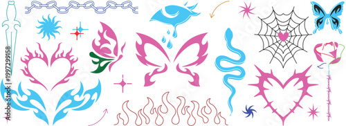 Dark aesthetic y2k butterfly and heart tattoo illustrations for brands vector