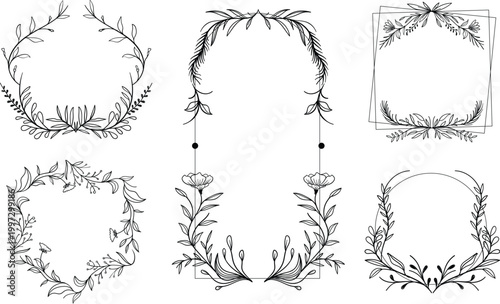 Decorative swirl frame kit featuring delicate line art and floral flourishes vector