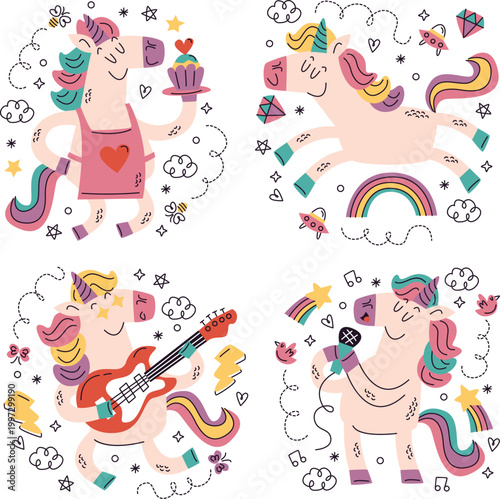 Dreamy unicorn graphic kit for greeting cards and kids party invitations vector