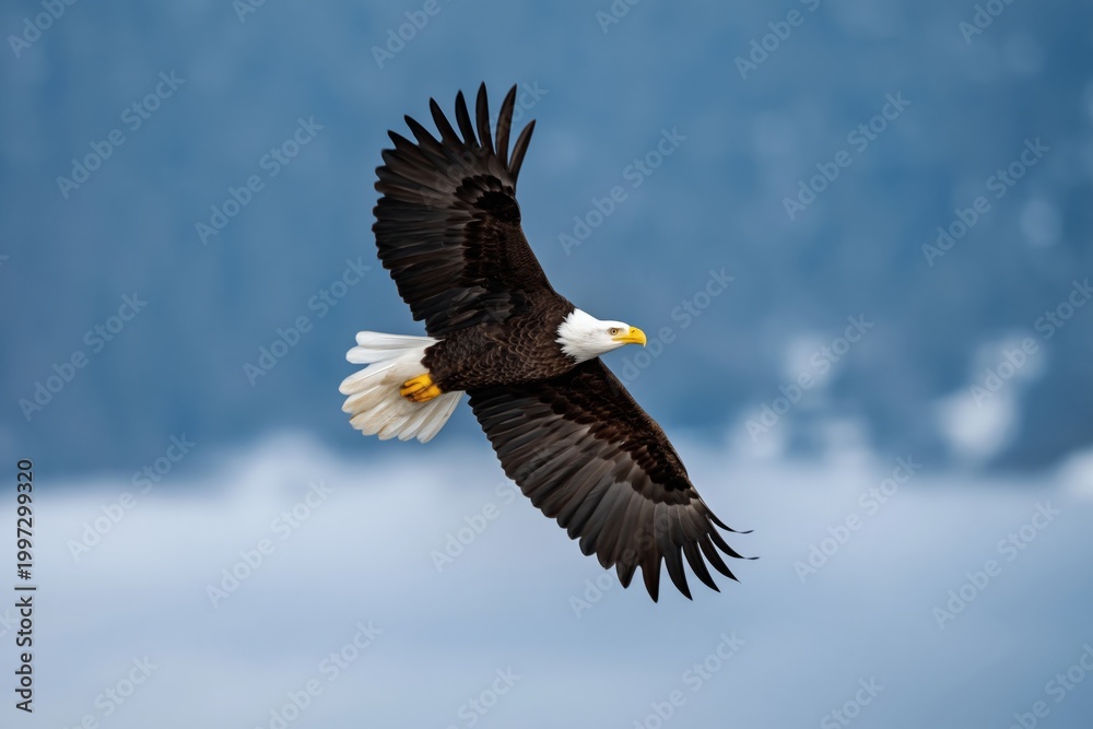 Fototapeta premium Bald Eagle in Flight Over Green Landscape During Daylight With Clear Skies and Mountain Background