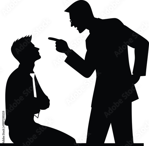Silhouette of a boss scolding an employee representing workplace conflict and authority isolated on white background