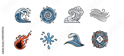 Japanese art elements dragon koi fish illustration set