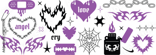 Neo tribal gothic tattoo set with barbed wire and rose symbols vector