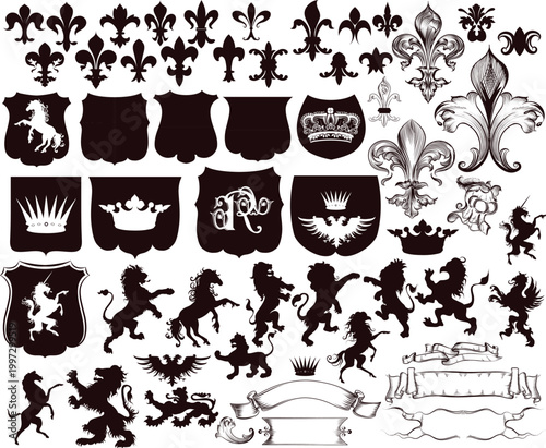 Noble heritage badge set with royal crown and warrior helmet illustrations vector