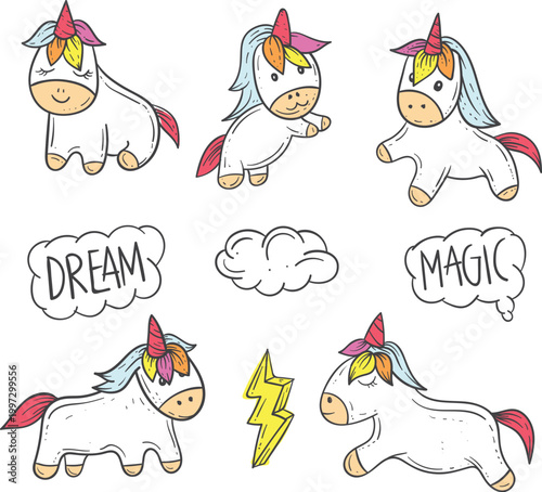 Playful cartoon unicorn characters in different poses with decorative sky elements vector