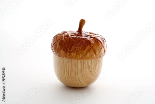 Wooden Acorn Resting on a White Surface in a Simple Display on a Bright Day
