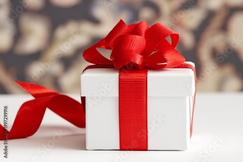 Gift Box Wrapped With Red Ribbon Placed on a Surface in a Decorated Background