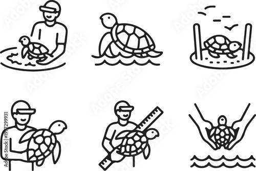 Sea beach turtle conservation, volunteer guiding hatchling niche black line icon set. Flat vector illustration
