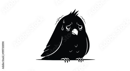 Fotografija Sad Black Bird Sitting Alone Depressed.