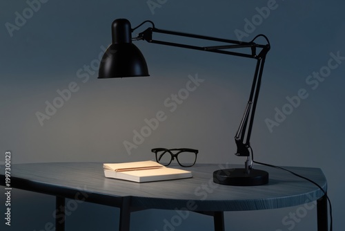 Desk Lamp and Laptop on Workspace With Plant in Corner During Evening Hours