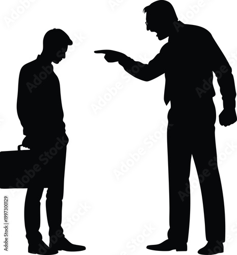 Silhouette of a boss scolding an employee representing workplace conflict and negative feedback isolated on white background