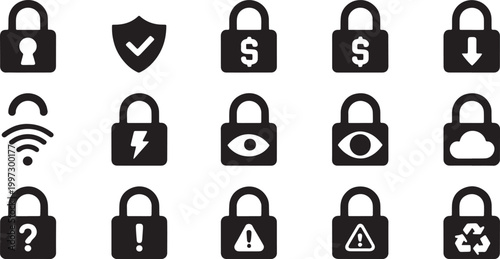 Padlocks feature a collection of various security icons representing data protection and digital privacy.