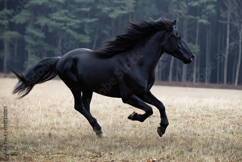Black Horse Runs Through an Open Field in Bright Daylight Near Trees and Gras...