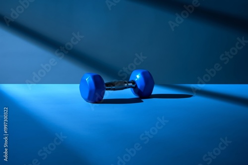 Blue Dumbbell Rests on a Flat Surface in Dim Light With Shadows in the Backgr...