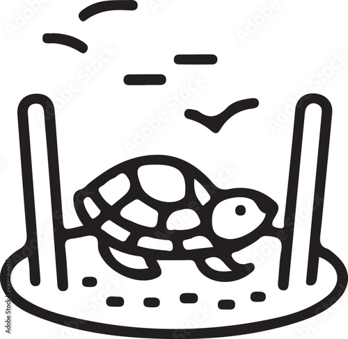 Sea turtle guiding hatchlings niche black line icon. Flat vector illustration
