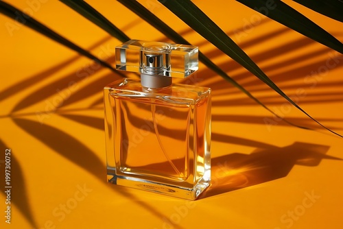Transparent bottle of perfume on an orange background. Fragrance presentation with daylight. Trending concept in natural materials palm leaves shadow. Women's and men's essence.