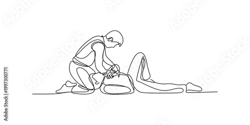 Person performing cpr on another person, continuous line drawing style Vector, illustration