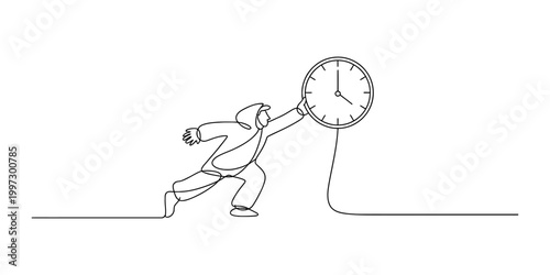 Person in hooded clothing reaching for a clock in continuous line drawing style Vector, illustration